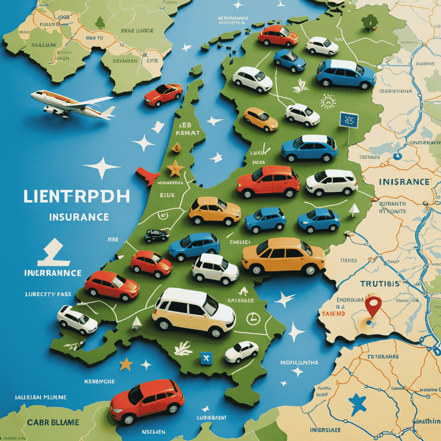 Een kaart van Nederland met autosymbolen en eurotekens, die de unieke voordelen van Nederlandse autoverzekeringen illustreert