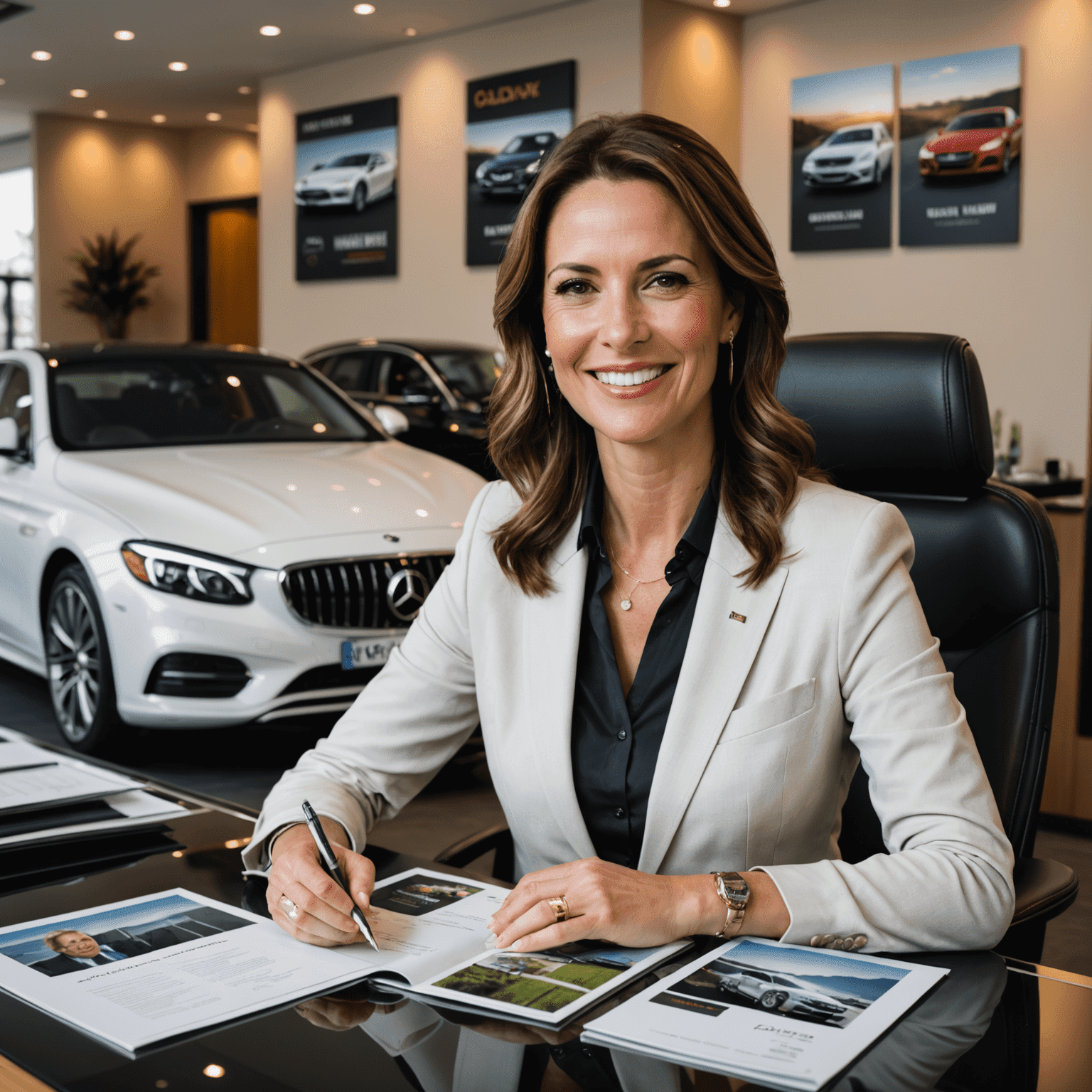 Portret van Lisa Jansen, Hoofd Klantenservice, glimlachend en zittend aan een bureau met luxe auto brochures