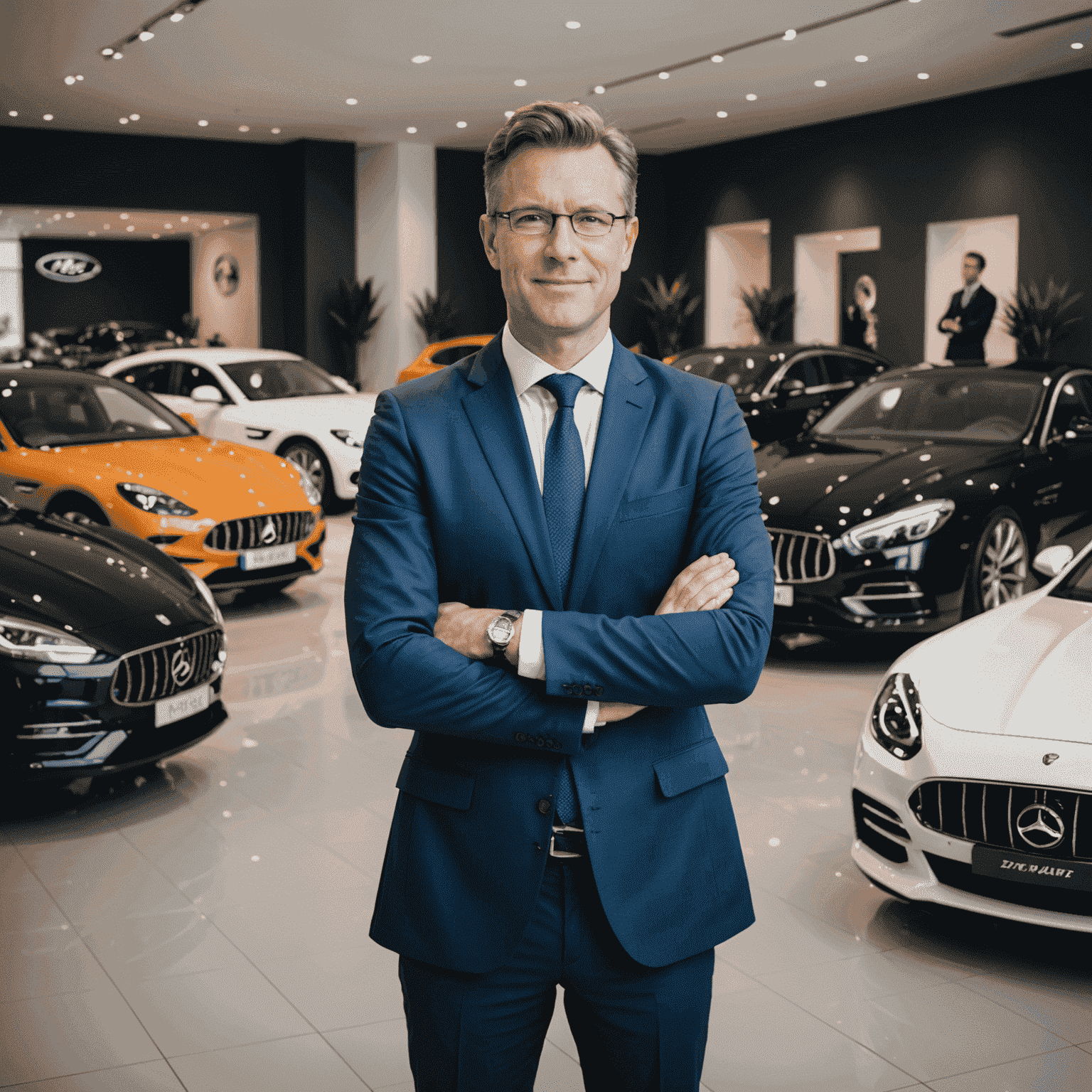 Portret van Pieter Bakker, Verzekeringsexpert, staand in een showroom met luxe auto's op de achtergrond